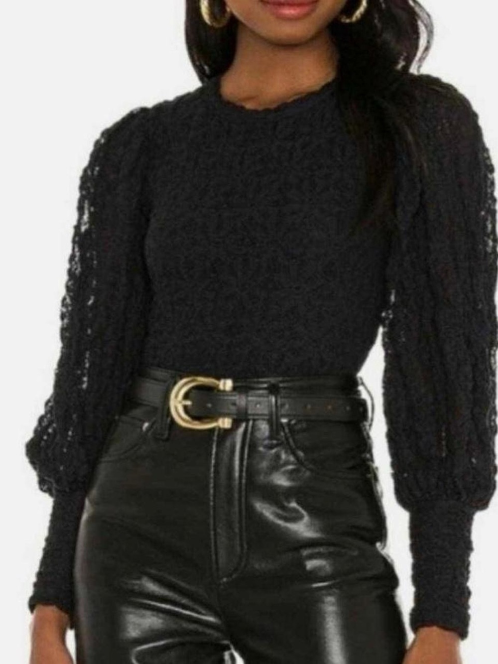 Free People Black Lace Knit Puff Sleeve Blouse
